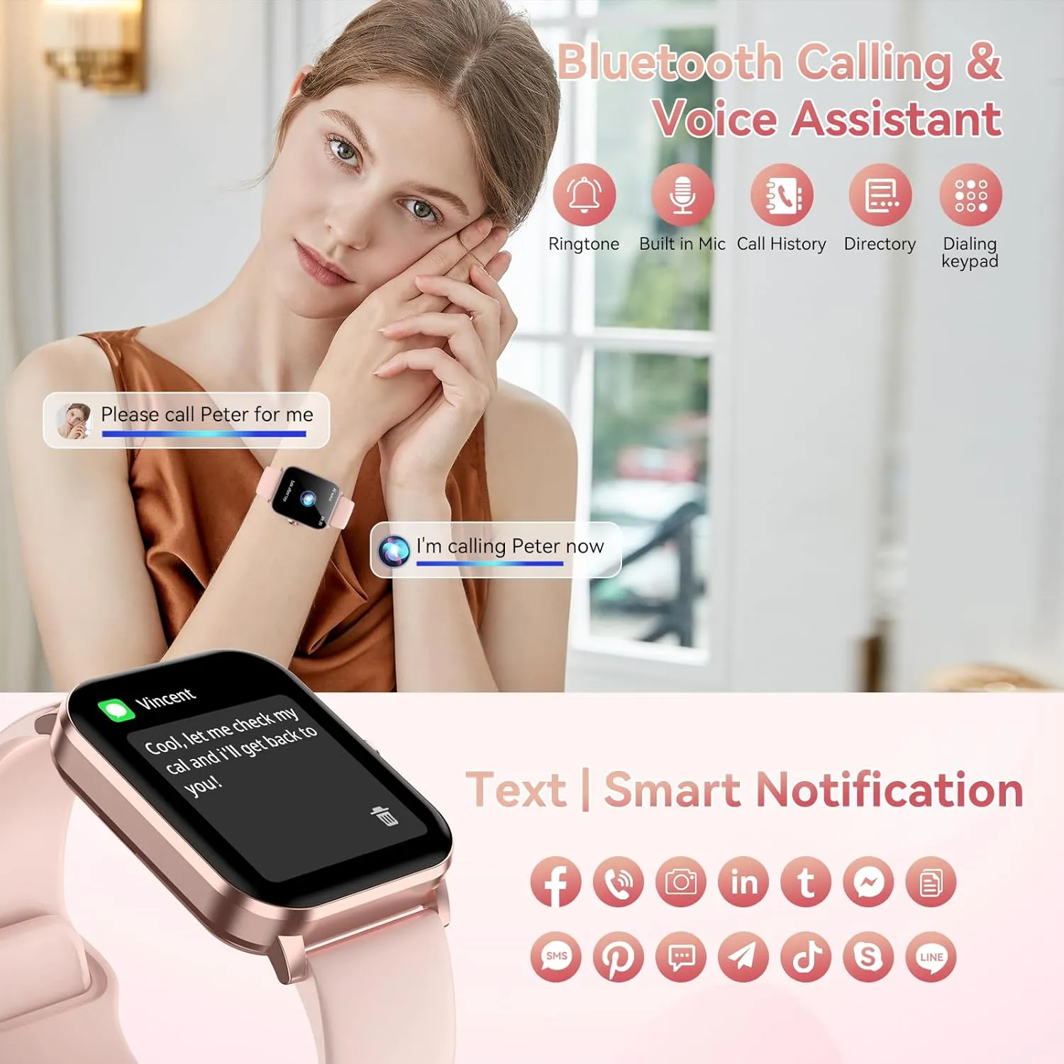 Smart Watch, 1.85" HD Smartwatch for Men Women (Answer/Make Calls), Fitness Watch with Heart Rate/Sleep/IP68 Waterproof/120  Sports Modes, Pedometer, Android Smart Watch for Android iOS (Pink)