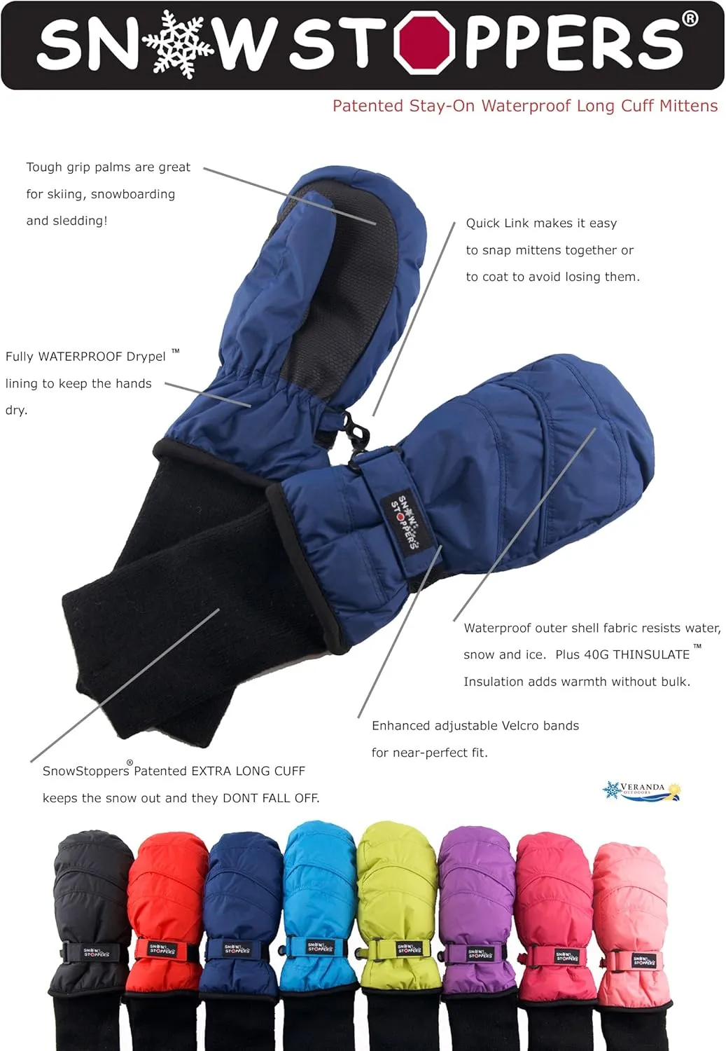 SnowStoppers Kids Waterproof Long Cuff Winter Mittens