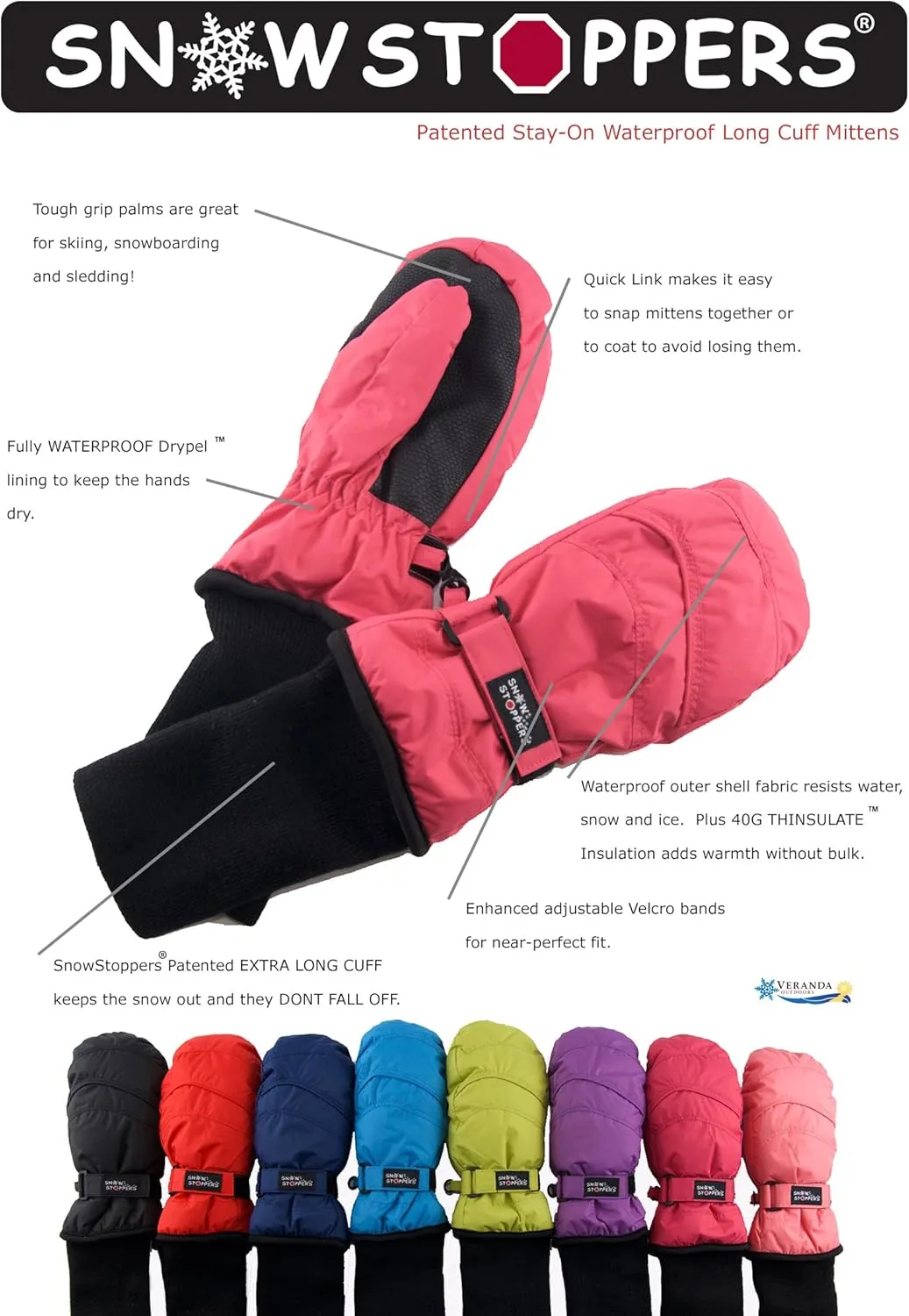 SnowStoppers Kids Waterproof Long Cuff Winter Mittens