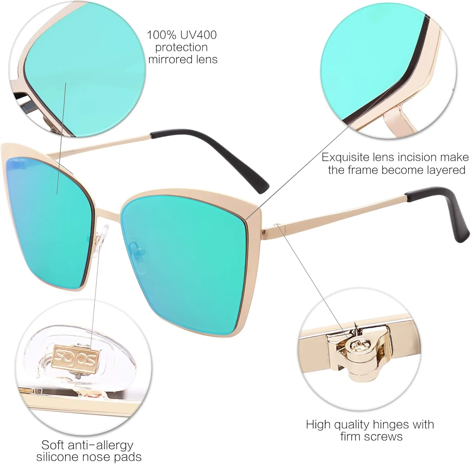 SOJOS Cateye Sunglasses for Women Fashion Mirrored Lens Metal Frame SJ1086