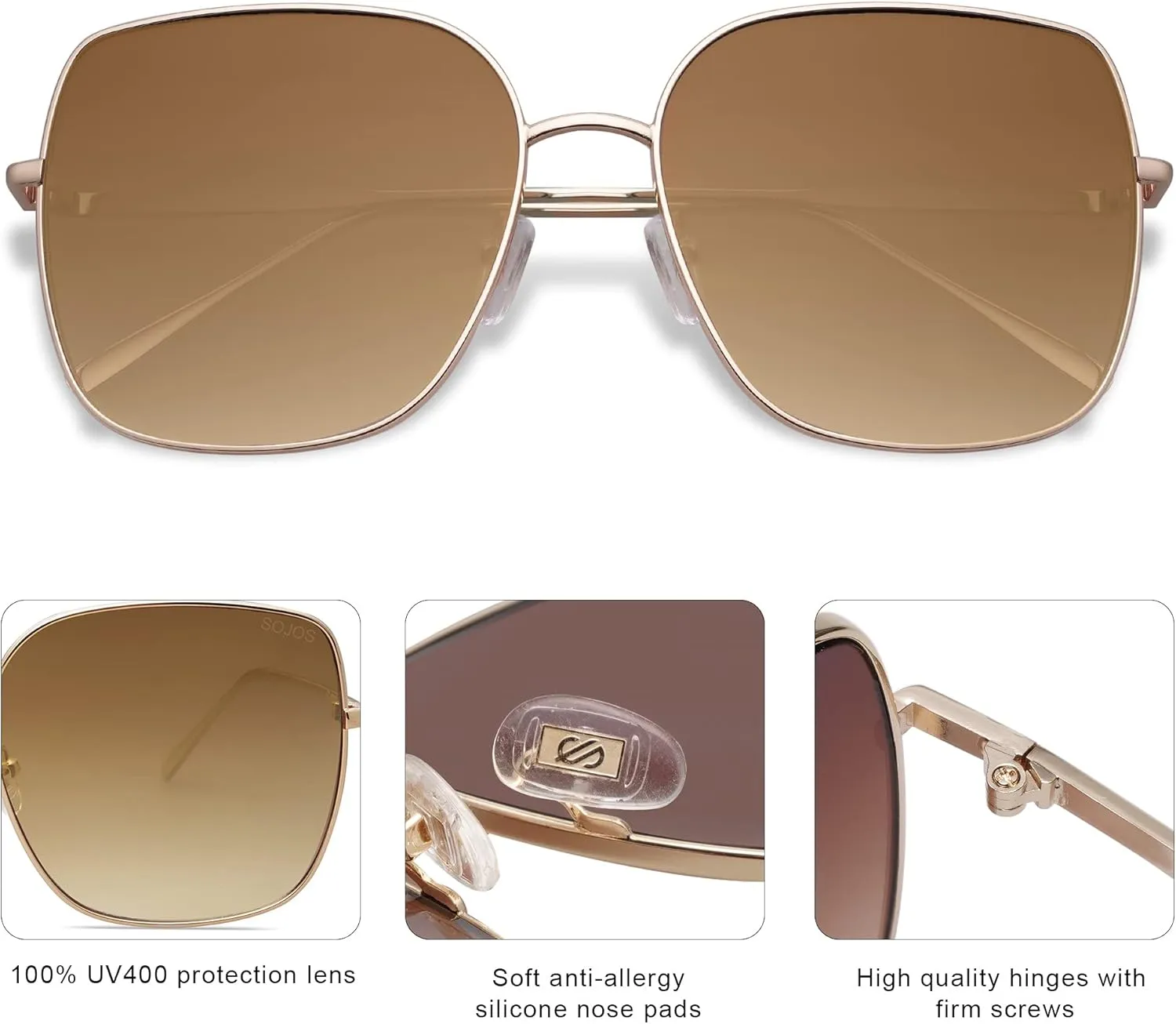 SOJOS Trendy Oversized Square Metal Frame Sunglasses for Women Men Retro Big Flat Lens UV Protection Sunglasses SJ1146
