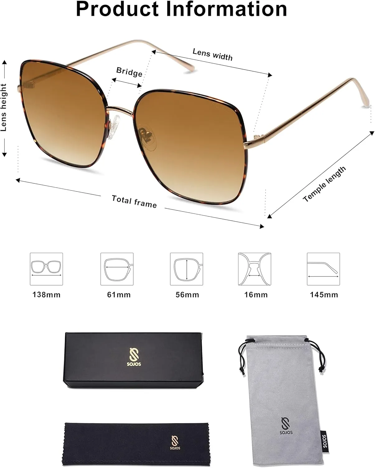 SOJOS Trendy Oversized Square Metal Frame Sunglasses for Women Men Retro Big Flat Lens UV Protection Sunglasses SJ1146