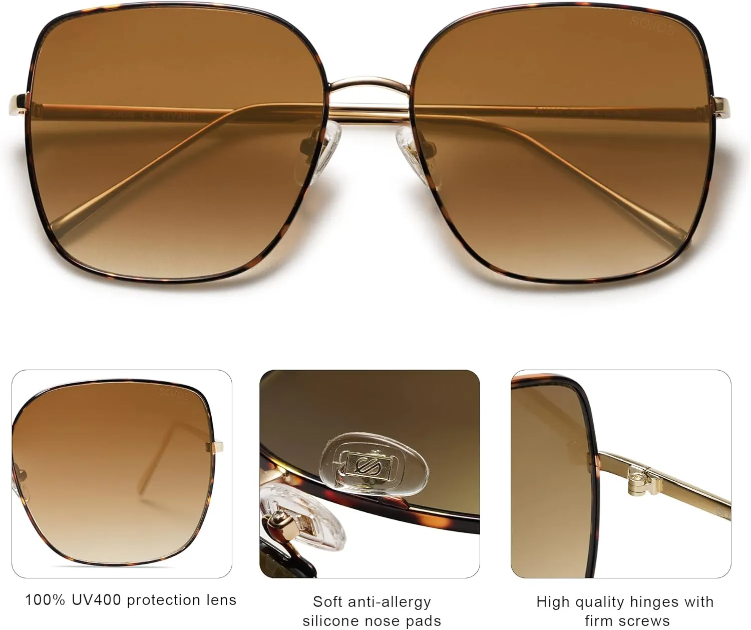 SOJOS Trendy Oversized Square Metal Frame Sunglasses for Women Men Retro Big Flat Lens UV Protection Sunglasses SJ1146