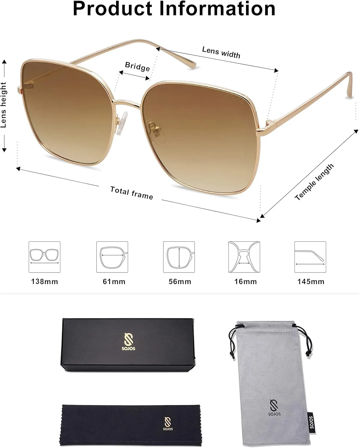 SOJOS Trendy Oversized Square Metal Frame Sunglasses for Women Men Retro Big Flat Lens UV Protection Sunglasses SJ1146