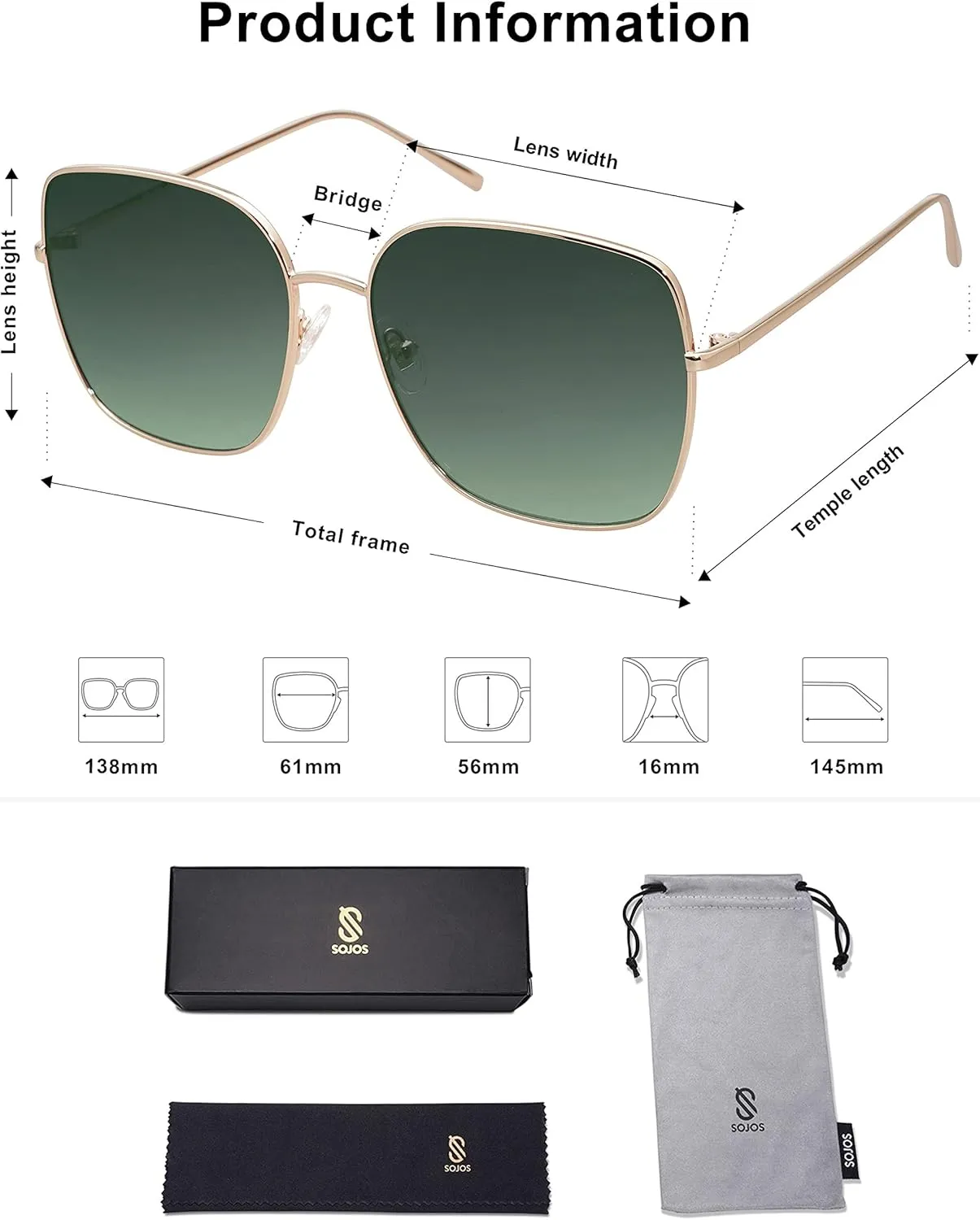 SOJOS Trendy Oversized Square Metal Frame Sunglasses for Women Men Retro Big Flat Lens UV Protection Sunglasses SJ1146