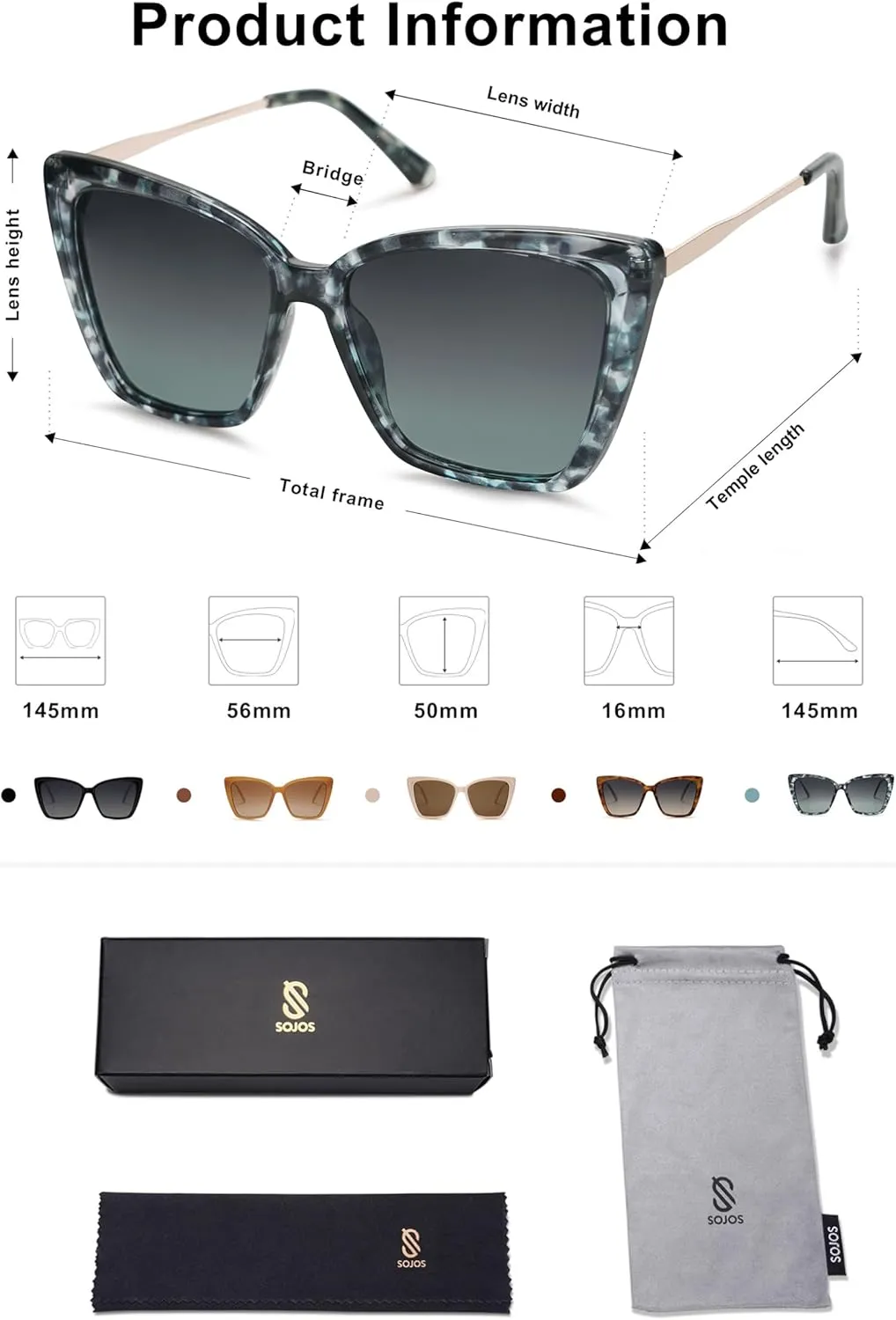 SOJOS Trendy Polarized Sunglasses For Women Retro Womens Oversized Square Cat Eye Sun Glasses UV Protection SJ2206