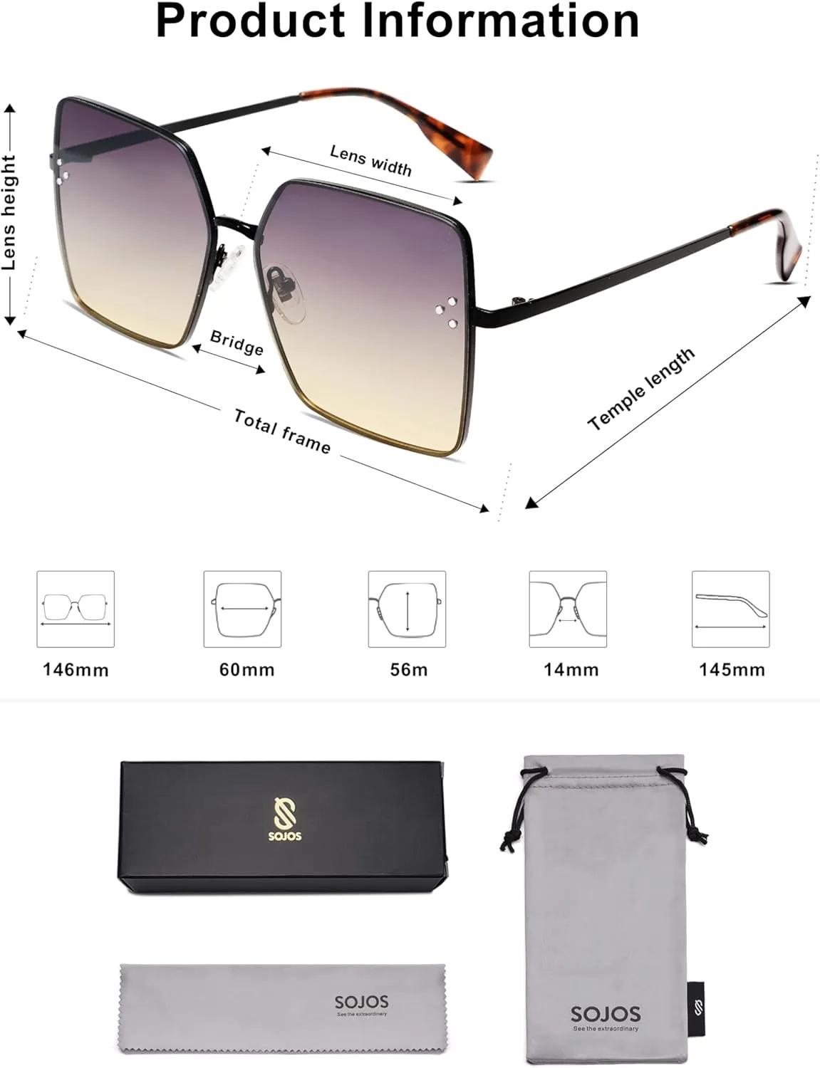 SOJOS Trendy Square Sunglasses Womens Big Oversized Designer Style UV Protection Sunnies Shades SJ1170