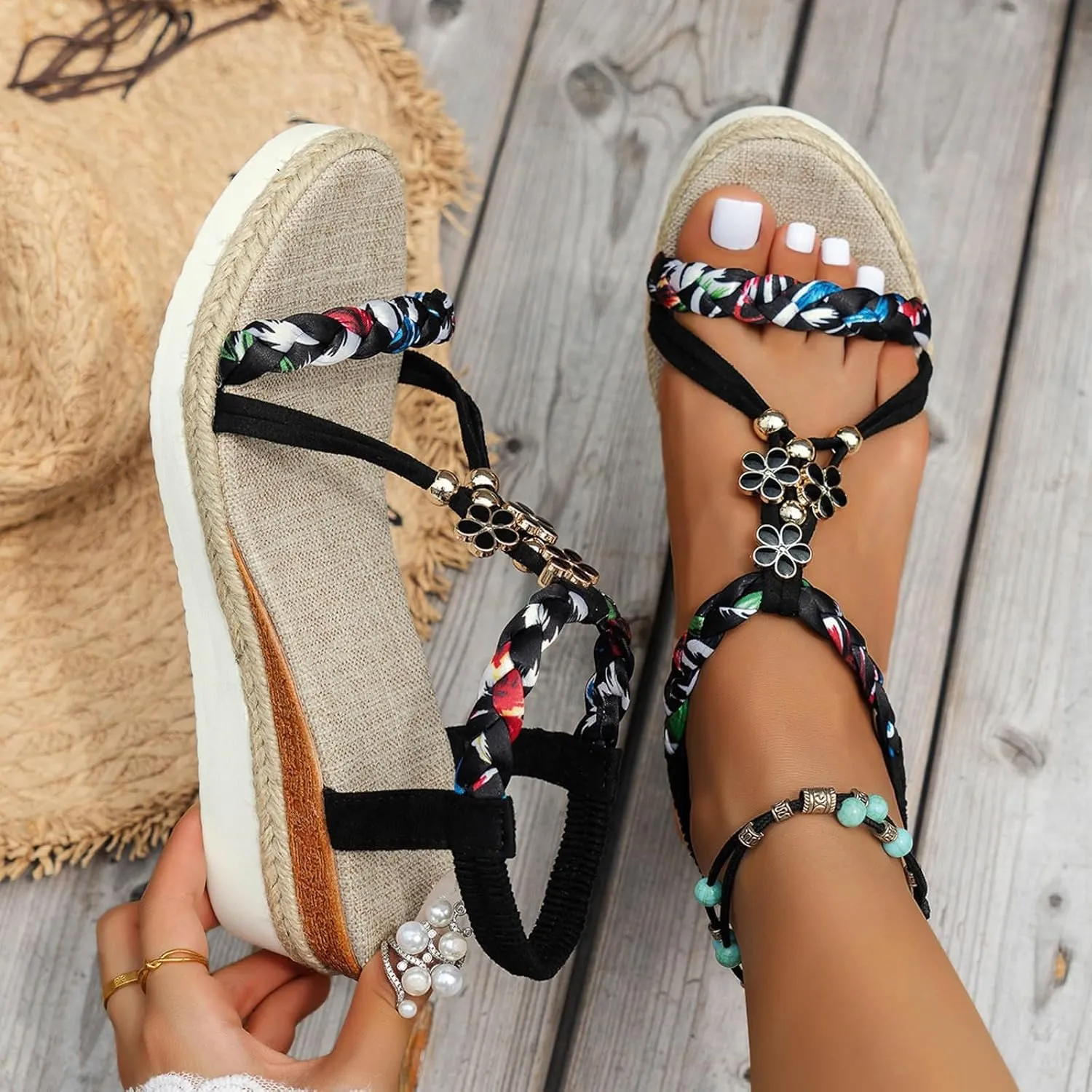 Summer Sandals for Women Fashion Casual Bohemian Beach Sandals Comfortable Open Toe Orthopedic Shoes with Arch Support Dressy Elastic Ankle Strap Beach Walking Shoes