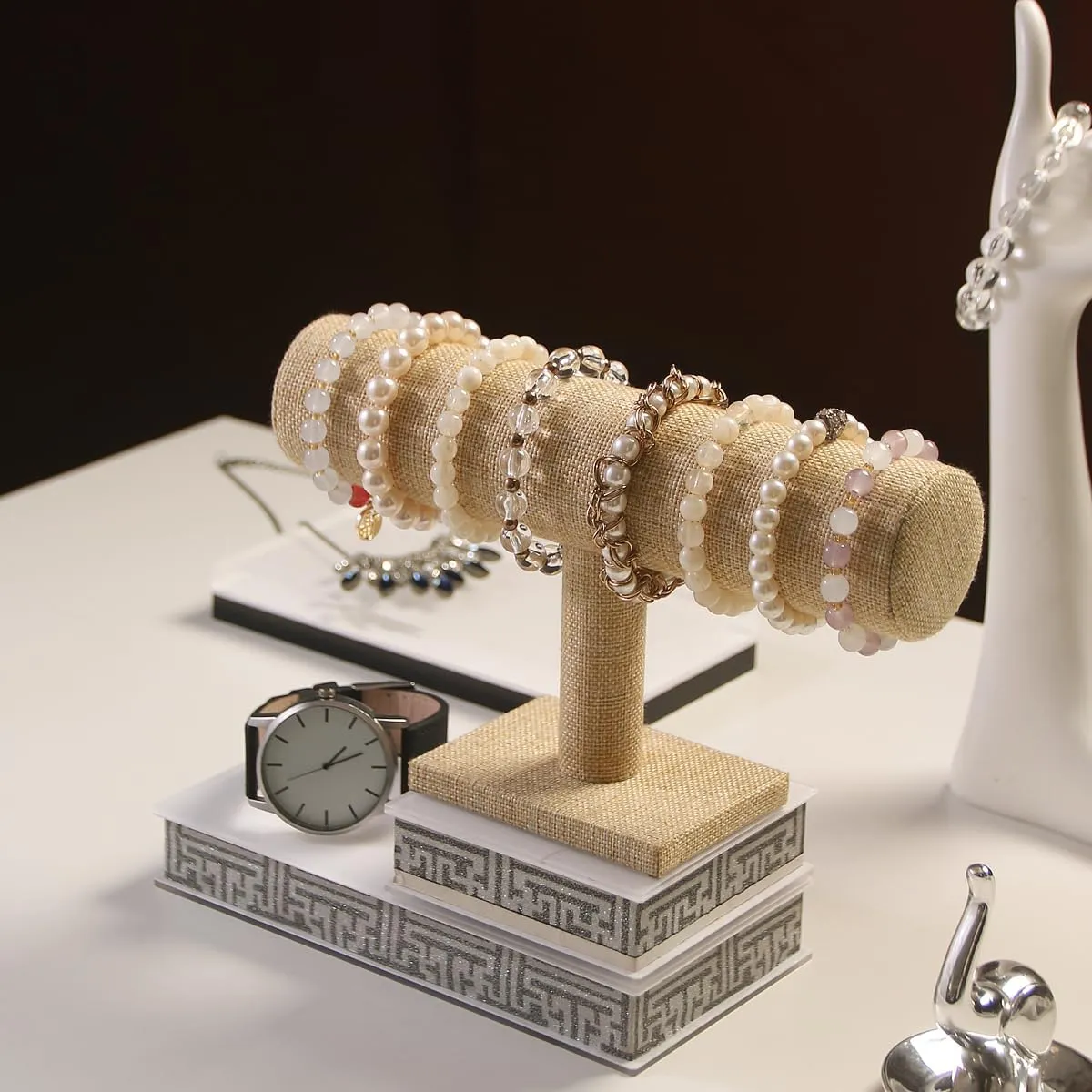 T-Bar Bracelet Holder, Natural Linen Bracelet Display Stand For Store Show, Hair Tied Watch Jewelry Organizer Rack For Selling Show (Yellow Linen)