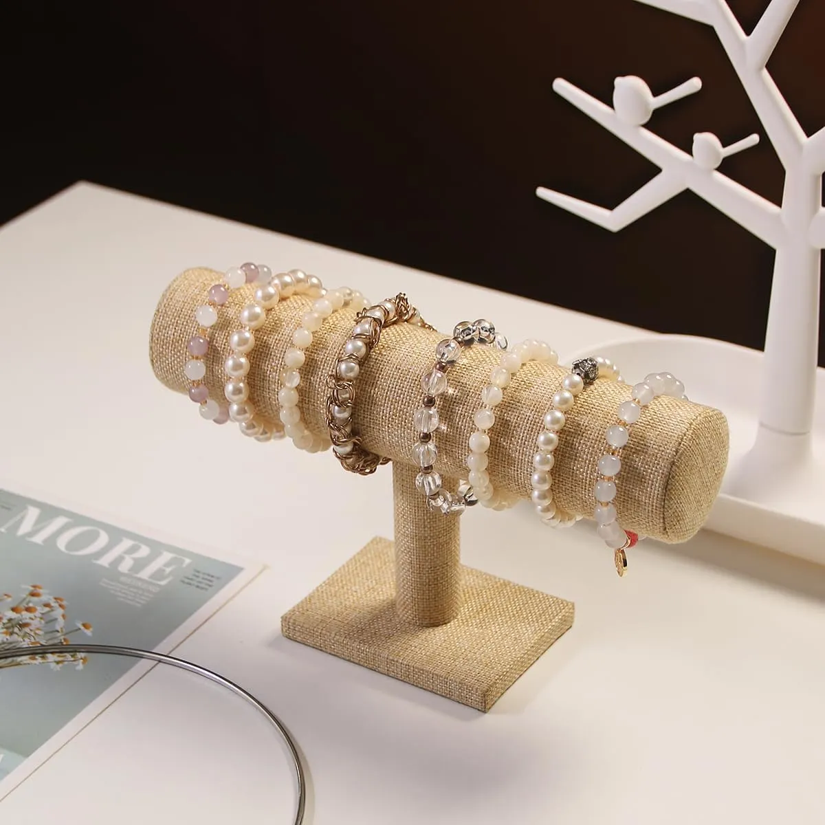 T-Bar Bracelet Holder, Natural Linen Bracelet Display Stand For Store Show, Hair Tied Watch Jewelry Organizer Rack For Selling Show (Yellow Linen)