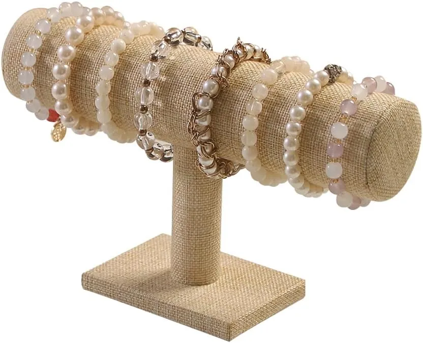 T-Bar Bracelet Holder, Natural Linen Bracelet Display Stand For Store Show, Hair Tied Watch Jewelry Organizer Rack For Selling Show (Yellow Linen)