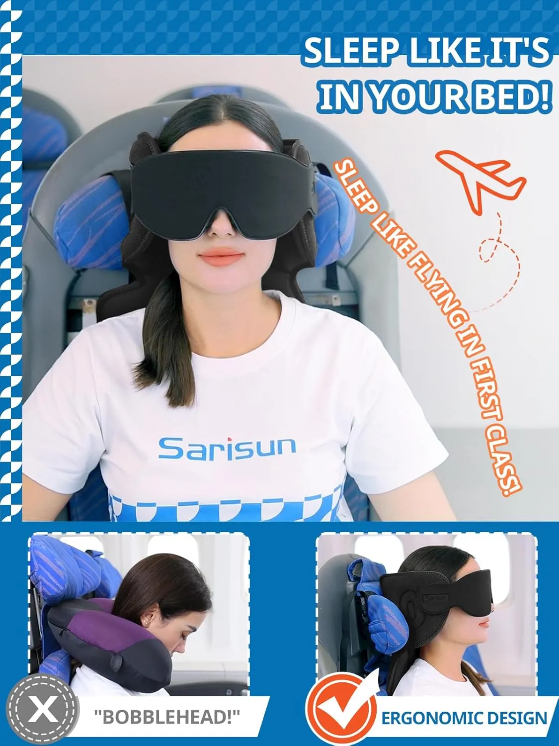 Travel Pillows for Airplanes, Airplane Pillow with 3D Sleep Eye Mask, 360 Neck Support, Stop Bobblehead Plane Travel Essentials, Adjustable Airplane Head Strap for Budget Airlines, Black