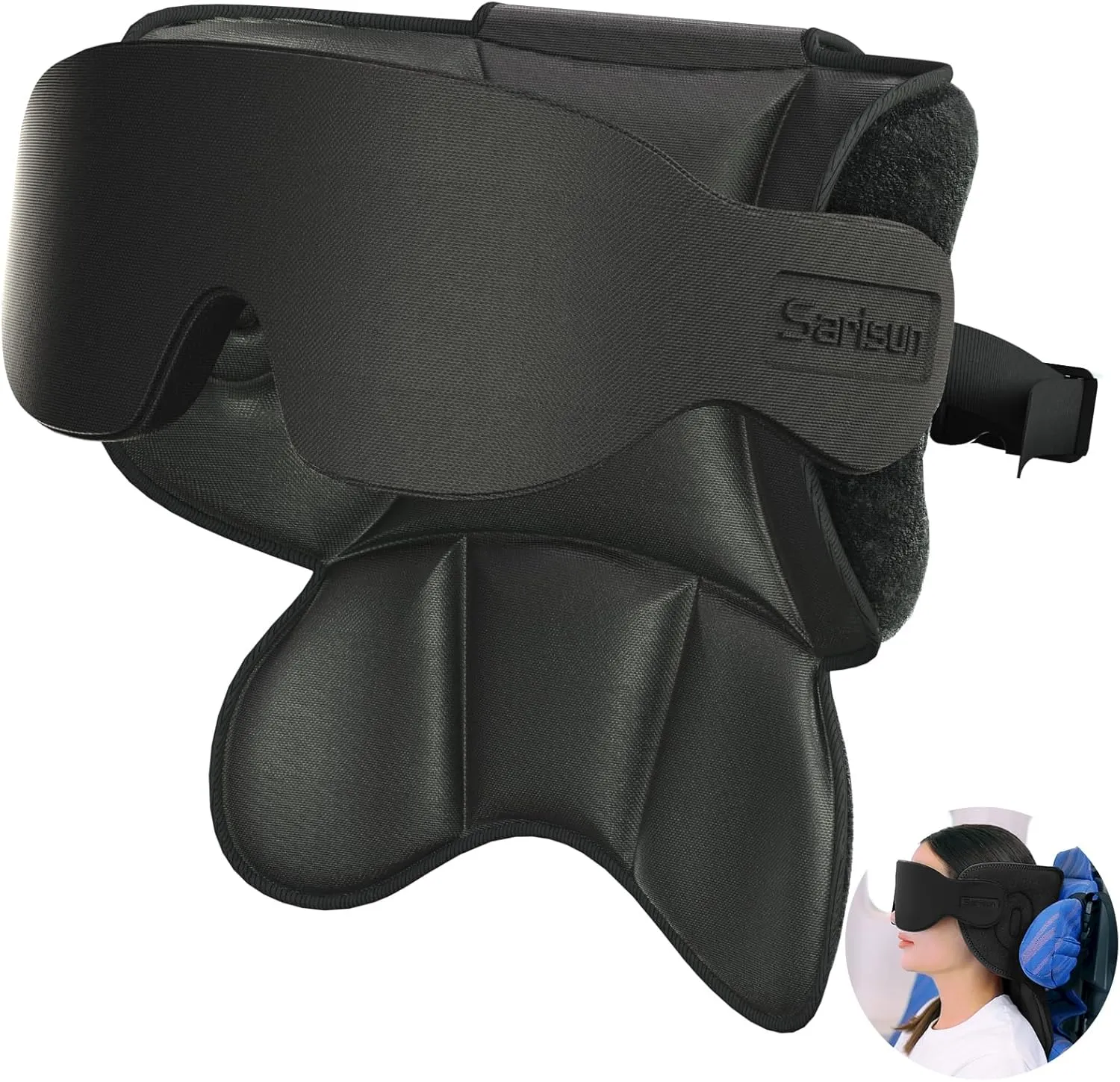 Travel Pillows for Airplanes, Airplane Pillow with 3D Sleep Eye Mask, 360 Neck Support, Stop Bobblehead Plane Travel Essentials, Adjustable Airplane Head Strap for Budget Airlines, Black