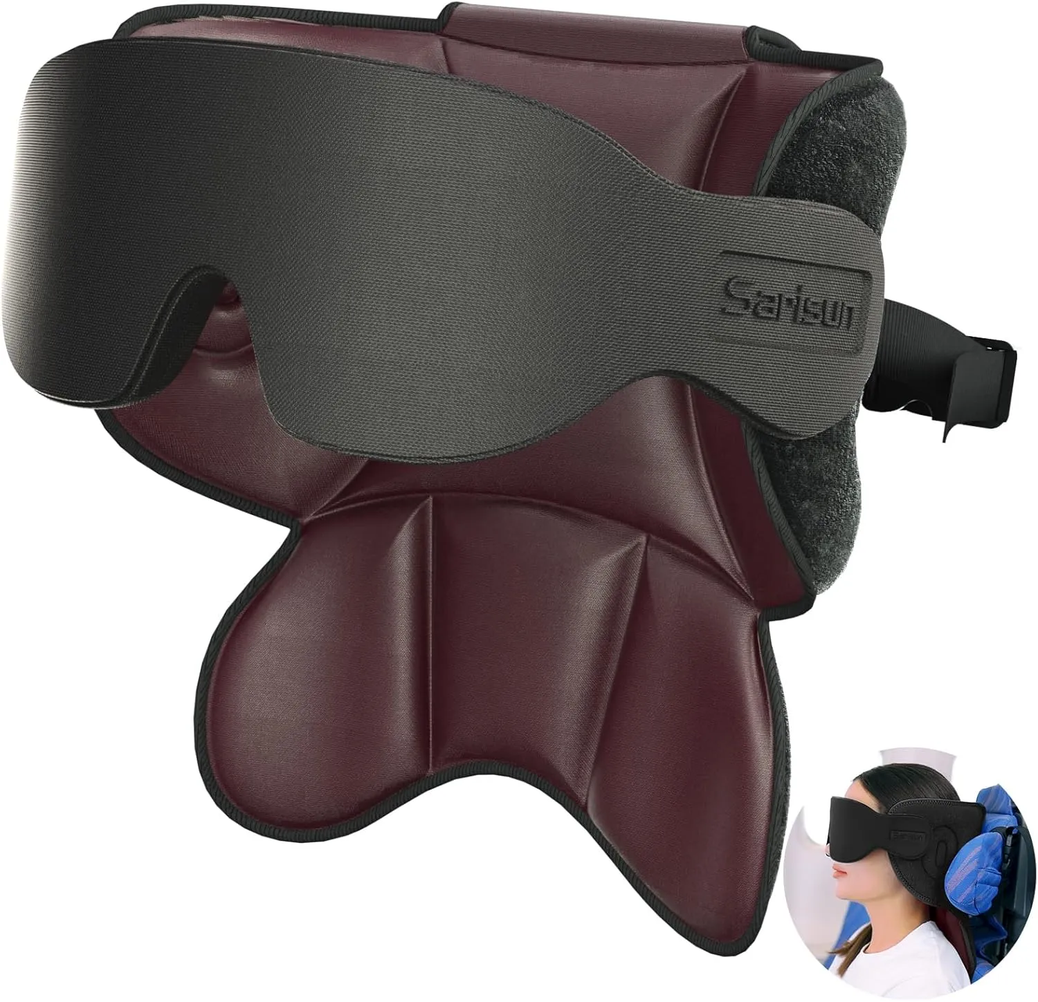 Travel Pillows for Airplanes, Neck Airplane Pillow with Eye Mask for Sleeping, 360 Support Headrest, Portable Travel Essentials, Adjustable Airplane Head Strap for Most Seat, Brown Red