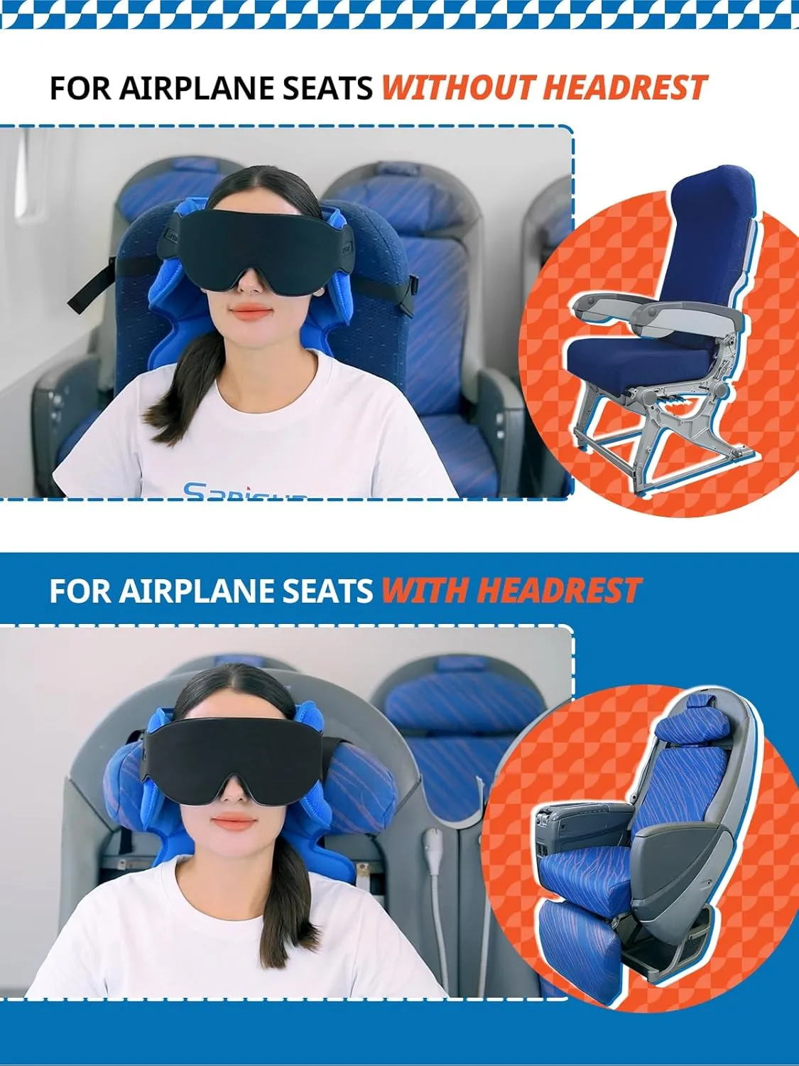 Travel Pillows for Airplanes, Neck Airplane Pillow with Eye Mask for Sleeping, 360 Support Headrest, Portable Travel Essentials, Adjustable Airplane Head Strap for Most Seat, Mottled Blue