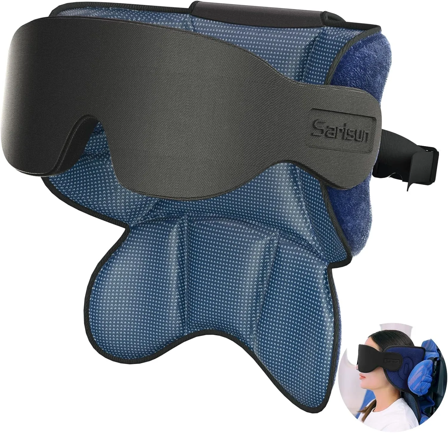 Travel Pillows for Airplanes, Neck Airplane Pillow with Eye Mask for Sleeping, 360 Support Headrest, Portable Travel Essentials, Adjustable Airplane Head Strap for Most Seat, Mottled Blue
