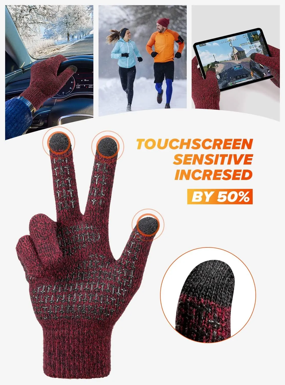 TRENDOUX Winter Gloves For Men Women, Cold Weather Warm Touchscreen Glove Unisex, Non-slip, Elastic Cuff, Knit Stretchy