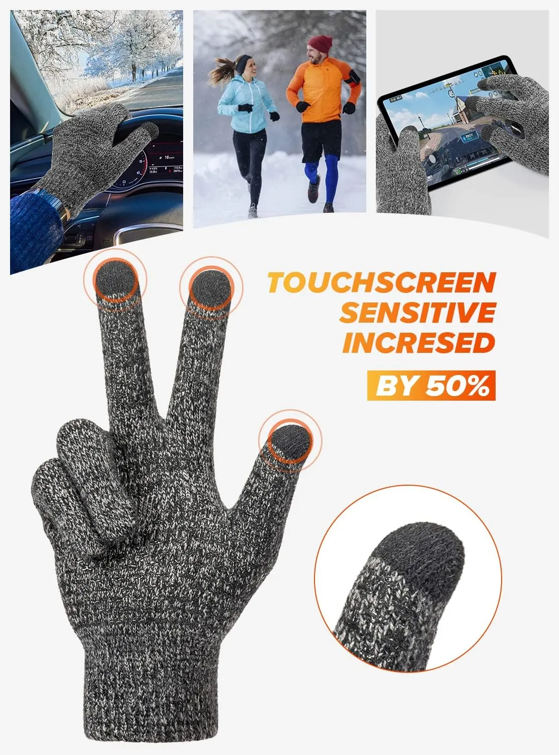 TRENDOUX Winter Gloves For Men Women, Cold Weather Warm Touchscreen Glove Unisex, Non-slip, Elastic Cuff, Knit Stretchy