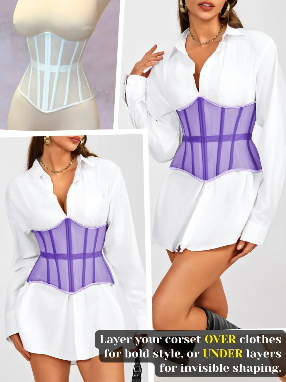 Underbust Corset Belt for Women, Mesh Lace-Up Boned Waist Cincher, Shapewear for Weddings & Going Out