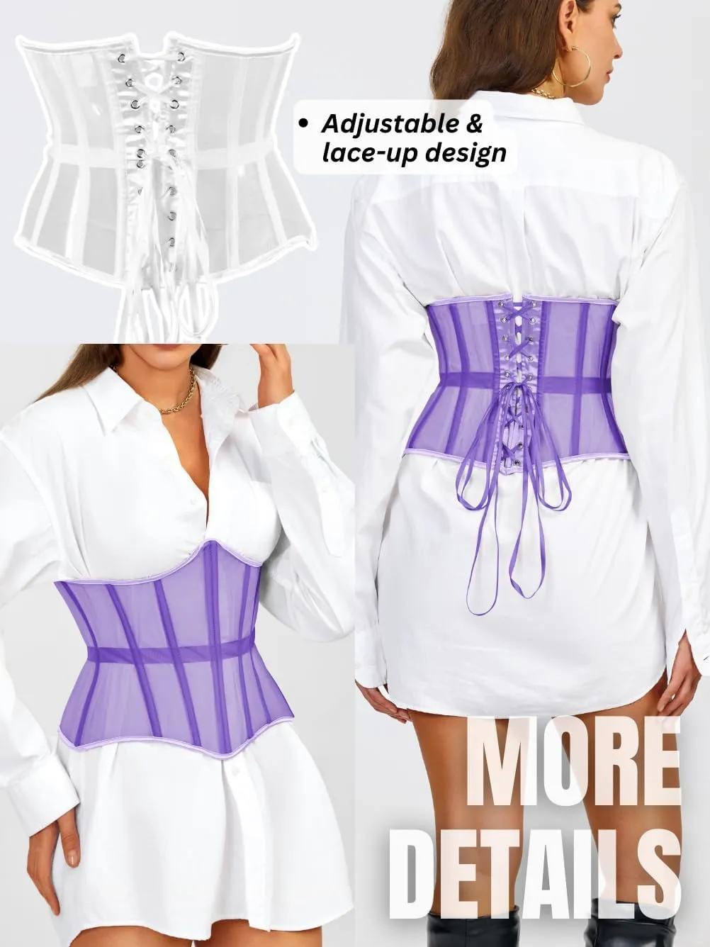 Underbust Corset Belt for Women, Mesh Lace-Up Boned Waist Cincher, Shapewear for Weddings & Going Out
