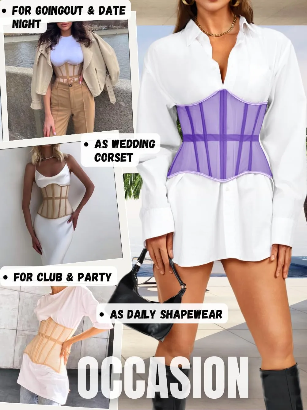 Underbust Corset Belt for Women, Mesh Lace-Up Boned Waist Cincher, Shapewear for Weddings & Going Out