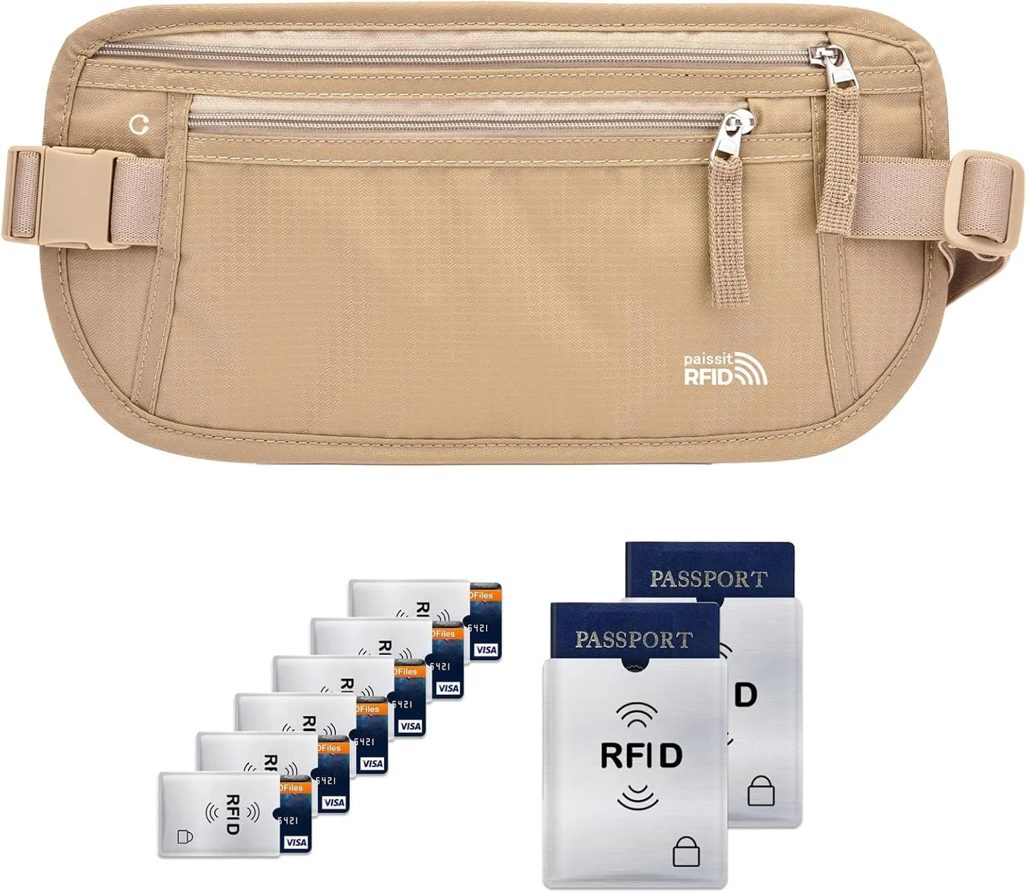Unisex Money Belt with RFID Blocking Sleeves, Slim Passport Holder RFID Blocking Travel Essentials, Waist Pouch to Protect Cash, Beige & 6 Sleeves