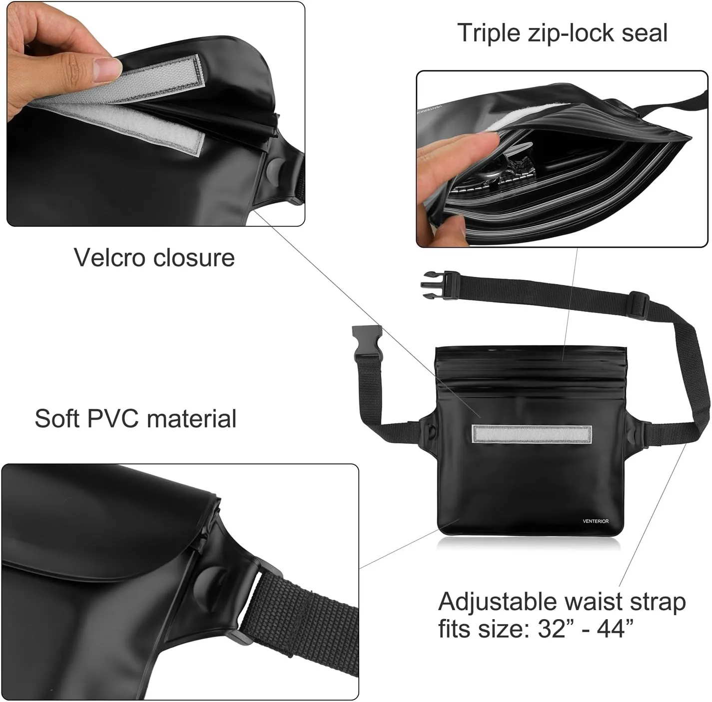 Waterproof Waist Pouch 2-Pack | Beach Accessories Fanny Pack for Swimming Snorkeling Sailing Kayaking Beach Pool Water Parks | Keep Your Phone Wallet Safe and Dry (White & Black)