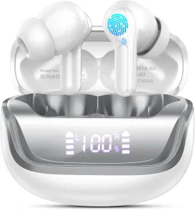 Wireless Earbuds Bluetooth 5.4 Headphones Noise Cancelling, 4 Microphone Bluetooth Ear Bud with Dynamic Drivers Stereo, Sports Earphones Wireless with LED Power Display for Laptop Pad Phones