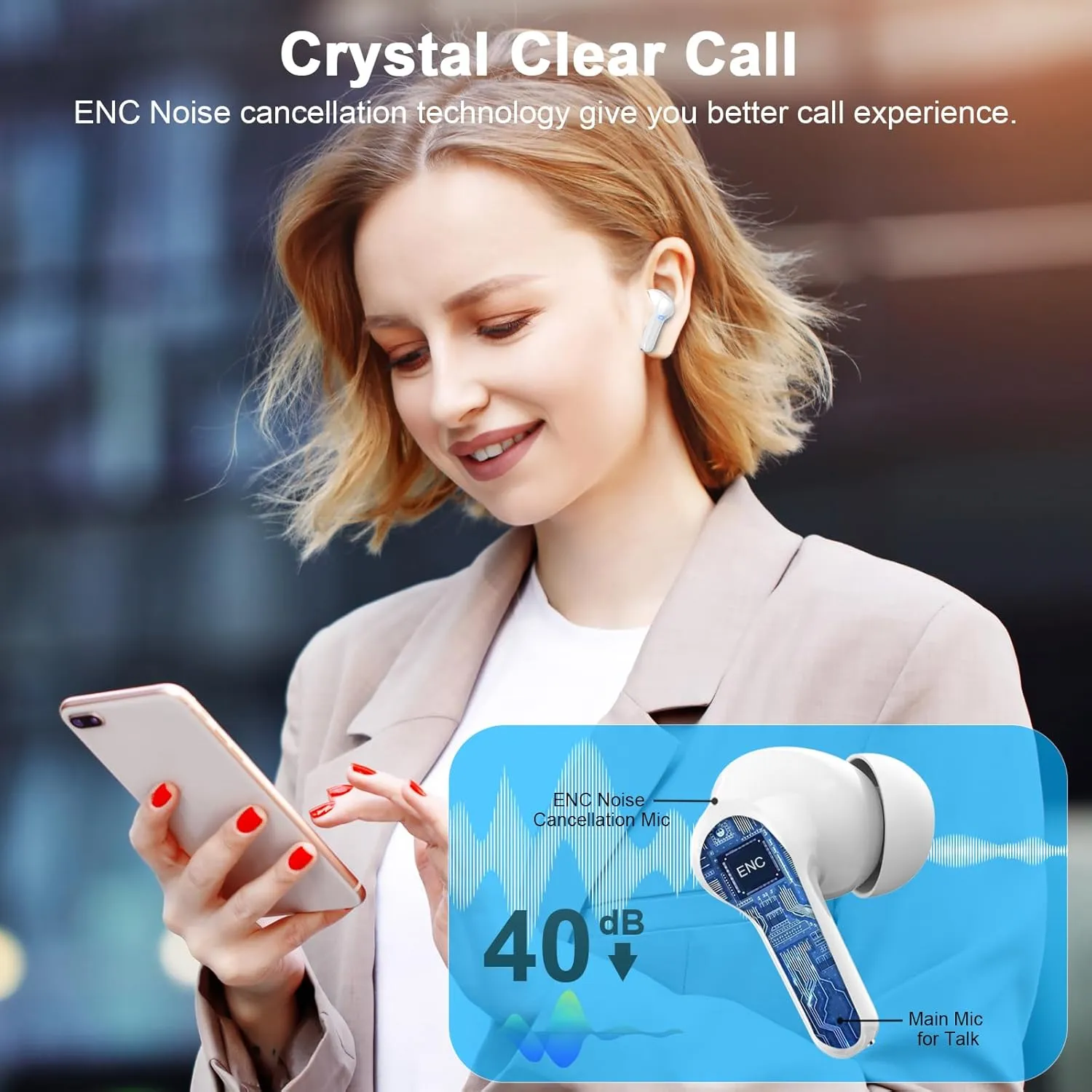 Wireless Earbuds Bluetooth 5.4 Headphones Noise Cancelling, 4 Microphone Bluetooth Ear Bud with Dynamic Drivers Stereo, Sports Earphones Wireless with LED Power Display for Laptop Pad Phones