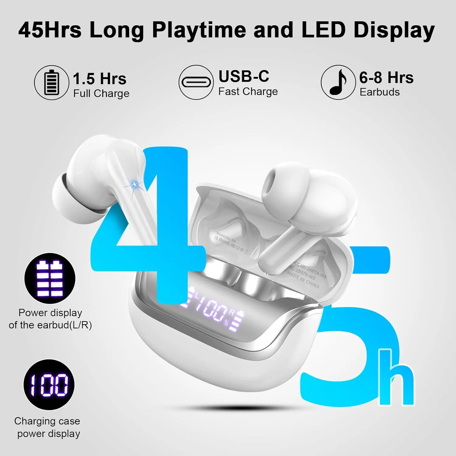 Wireless Earbuds Bluetooth 5.4 Headphones Noise Cancelling, 4 Microphone Bluetooth Ear Bud with Dynamic Drivers Stereo, Sports Earphones Wireless with LED Power Display for Laptop Pad Phones