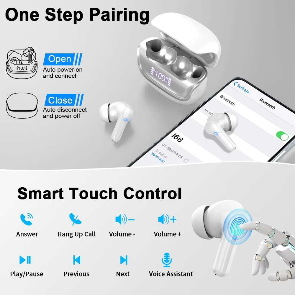 Wireless Earbuds Bluetooth 5.4 Headphones Noise Cancelling, 4 Microphone Bluetooth Ear Bud with Dynamic Drivers Stereo, Sports Earphones Wireless with LED Power Display for Laptop Pad Phones