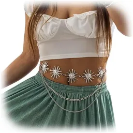 Women Multi-layere Tassel Sun Pendant Waist Belt Bikini Hollow Out Waist Chains Jewelry Metal Long Belly Chain Belt Rave Party Body Accessories Jewelry for Dress