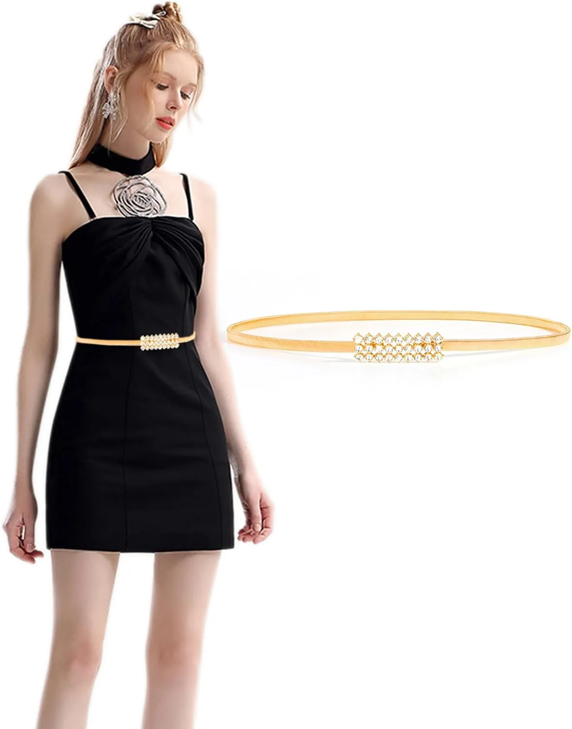 Women Skinny Metal Waist Belt Elastic Thin Waist Belt for Dress Stretch Chain Belt