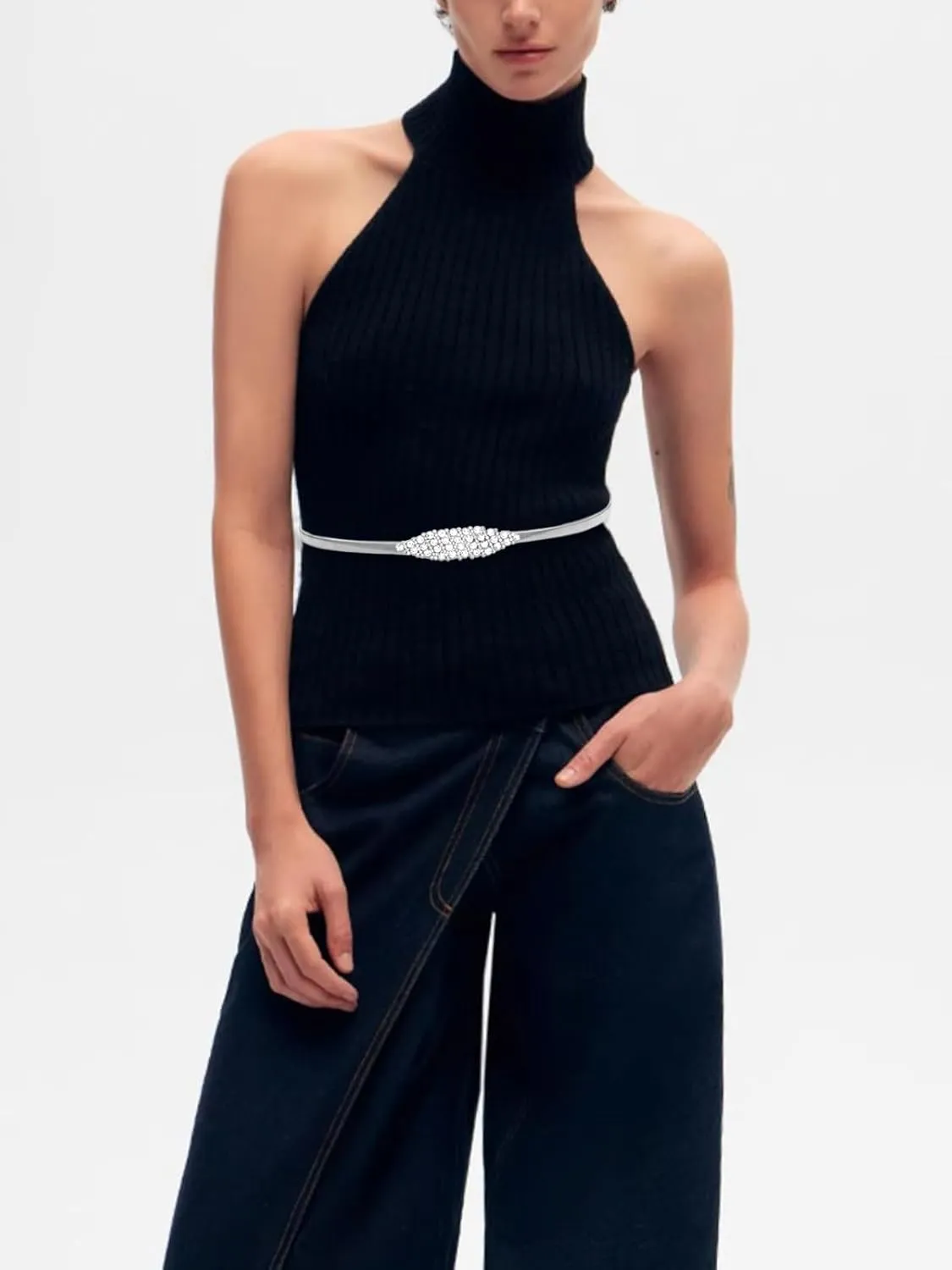 Women Skinny Metal Waist Belt Elastic Thin Waist Belt for Dress Stretch Chain Belt