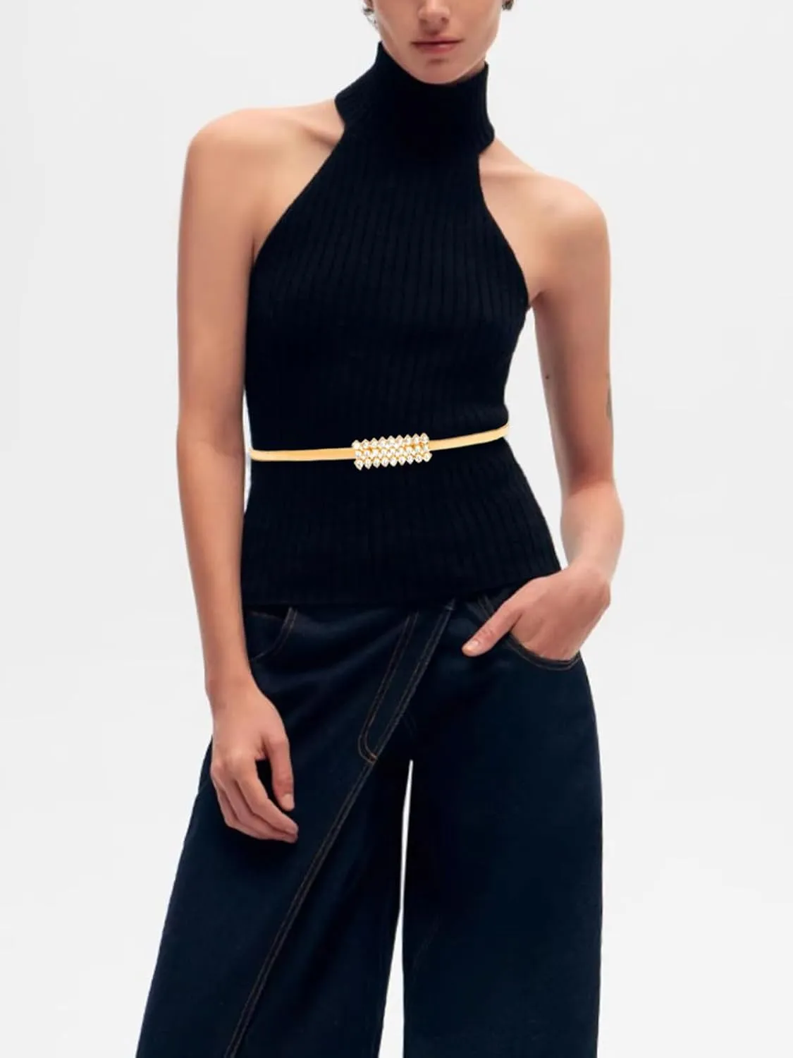 Women Skinny Metal Waist Belt Elastic Thin Waist Belt for Dress Stretch Chain Belt