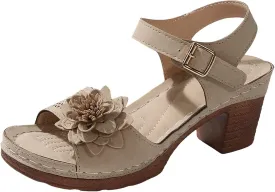 Womens Chunky Heel Dress Shoes Ankle Elastic Strap Elegant Formal Events Arch Support Open Toe Arch Support Comfortable Casual Summer Platform Wedge Slip Heels Shoes with 3D Flowers