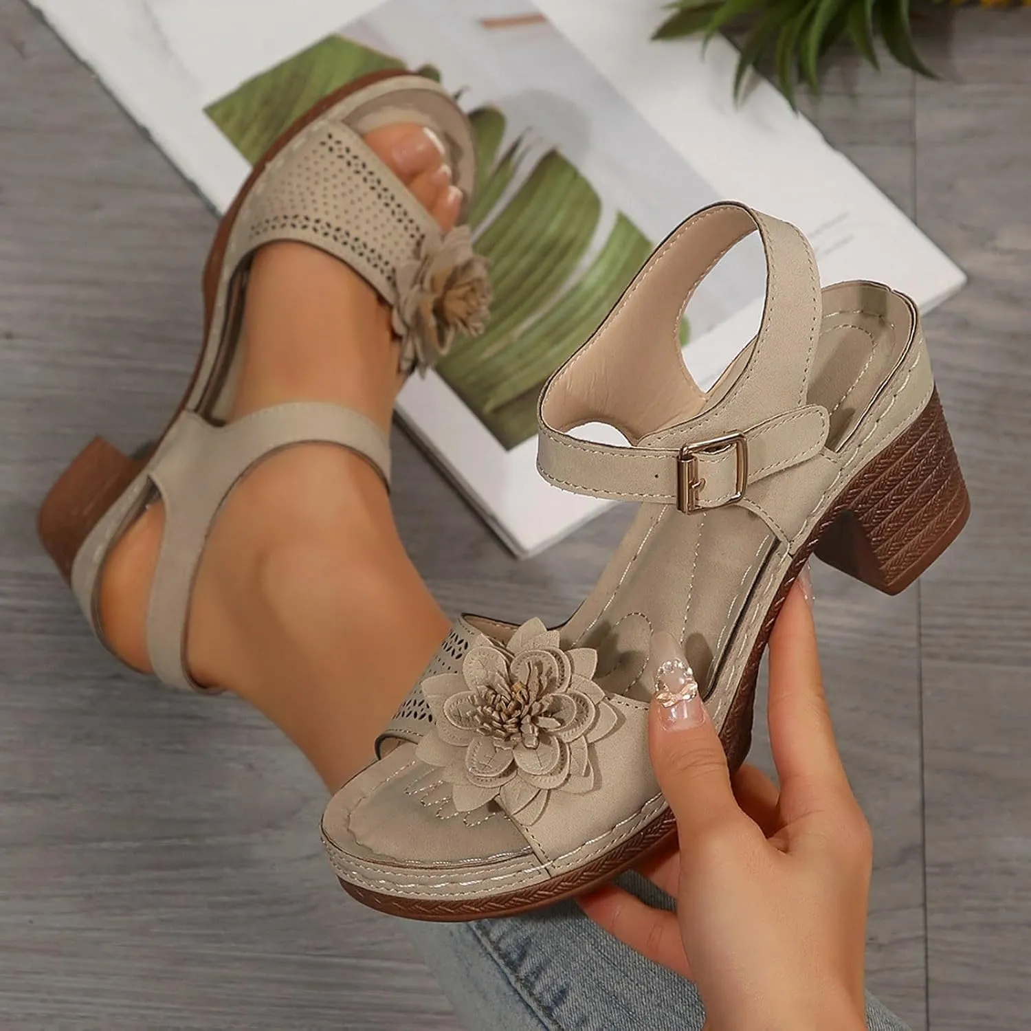 Womens Chunky Heel Dress Shoes Ankle Elastic Strap Elegant Formal Events Arch Support Open Toe Arch Support Comfortable Casual Summer Platform Wedge Slip Heels Shoes with 3D Flowers