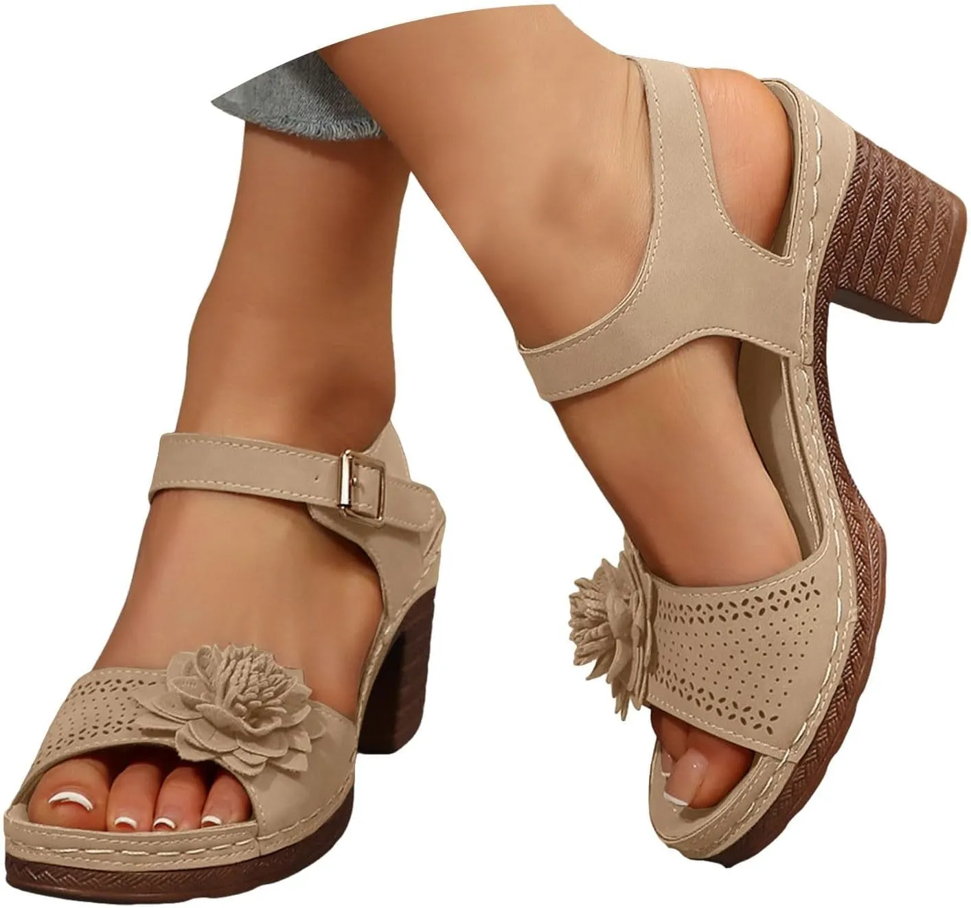 Womens Chunky Heel Dress Shoes Ankle Elastic Strap Elegant Formal Events Arch Support Open Toe Arch Support Comfortable Casual Summer Platform Wedge Slip Heels Shoes with 3D Flowers