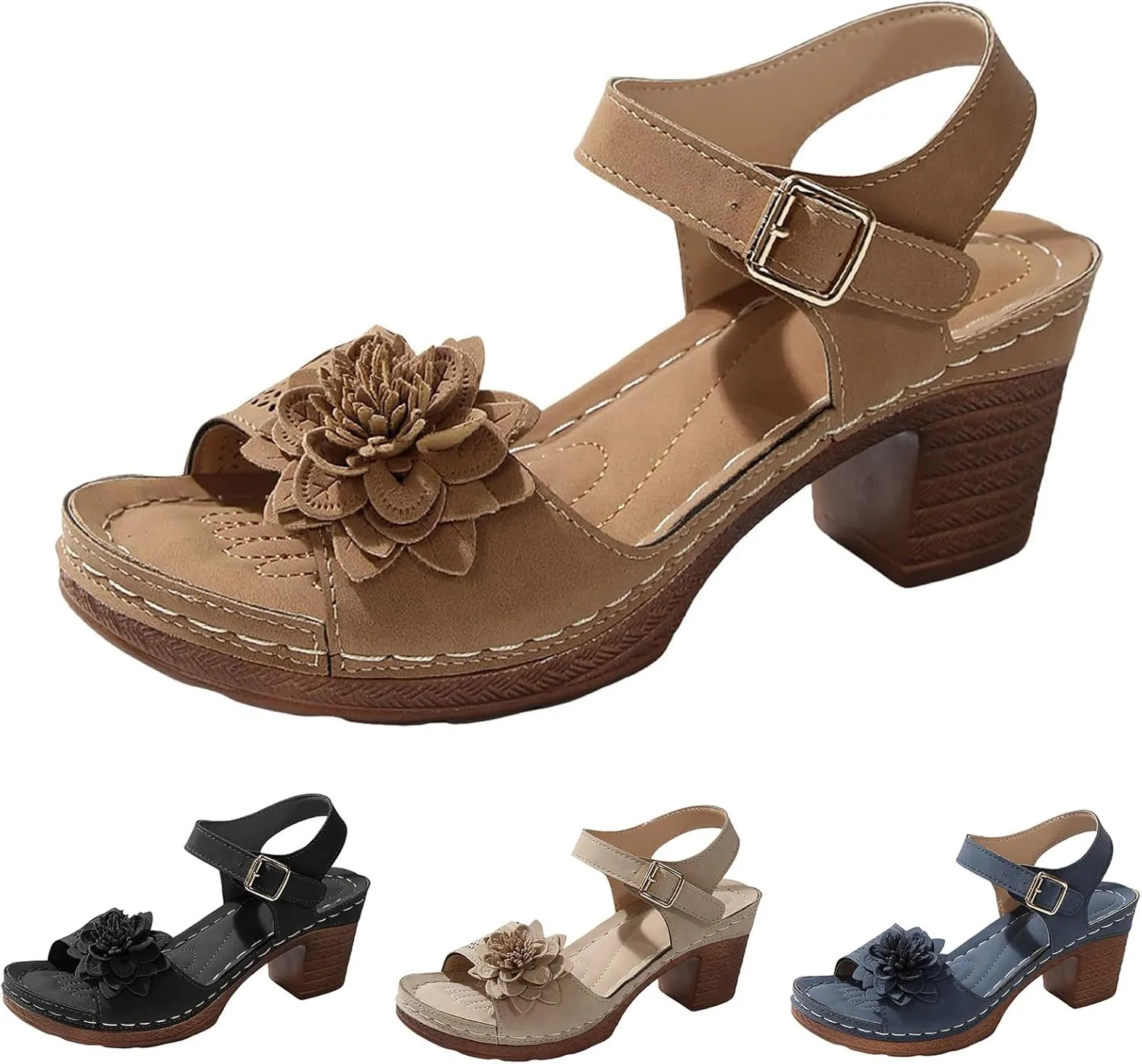 Womens Chunky Heel Dress Shoes Ankle Elastic Strap Elegant Formal Events Arch Support Open Toe Arch Support Comfortable Casual Summer Platform Wedge Slip Heels Shoes with 3D Flowers