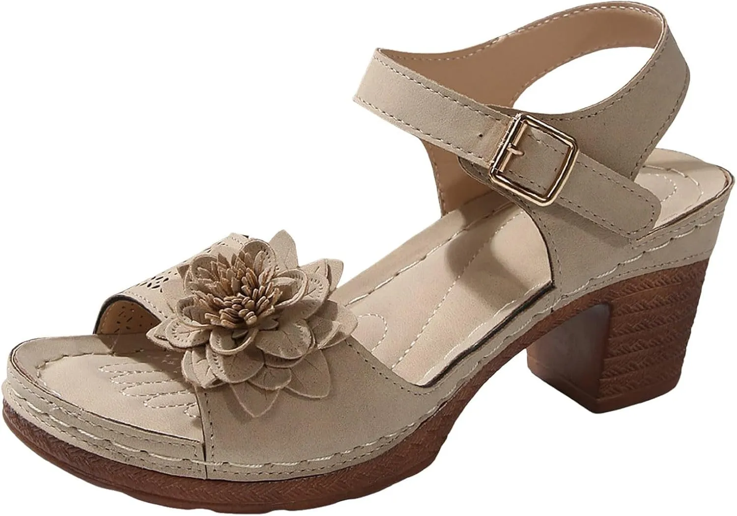 Womens Chunky Heel Dress Shoes Ankle Elastic Strap Elegant Formal Events Arch Support Open Toe Arch Support Comfortable Casual Summer Platform Wedge Slip Heels Shoes with 3D Flowers