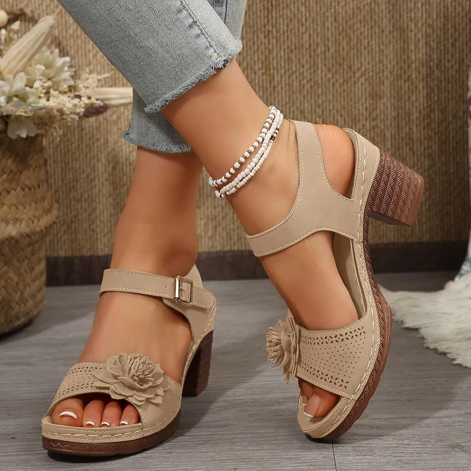 Womens Chunky Heel Dress Shoes Ankle Elastic Strap Elegant Formal Events Arch Support Open Toe Arch Support Comfortable Casual Summer Platform Wedge Slip Heels Shoes with 3D Flowers