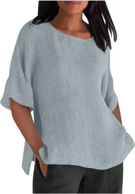 Womens Cotton Tops Summer Basic T Shirts Oversized Solid Blouses Boat Neck Tops Summer Tees Fashion Trendy Outfit