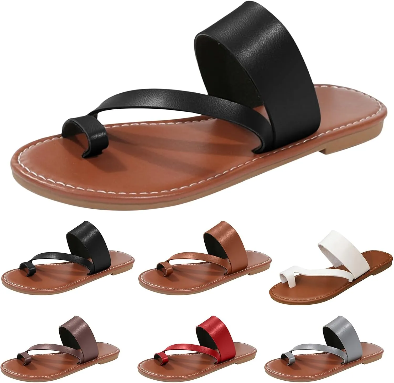 Womens Flat Slide Sandals Flip Flops Sandals for Women Round Clip Toe Flip Flops, Casual Strapy Slip on Summer Beach Shoes Comfortable Wide Width Flat Sandal