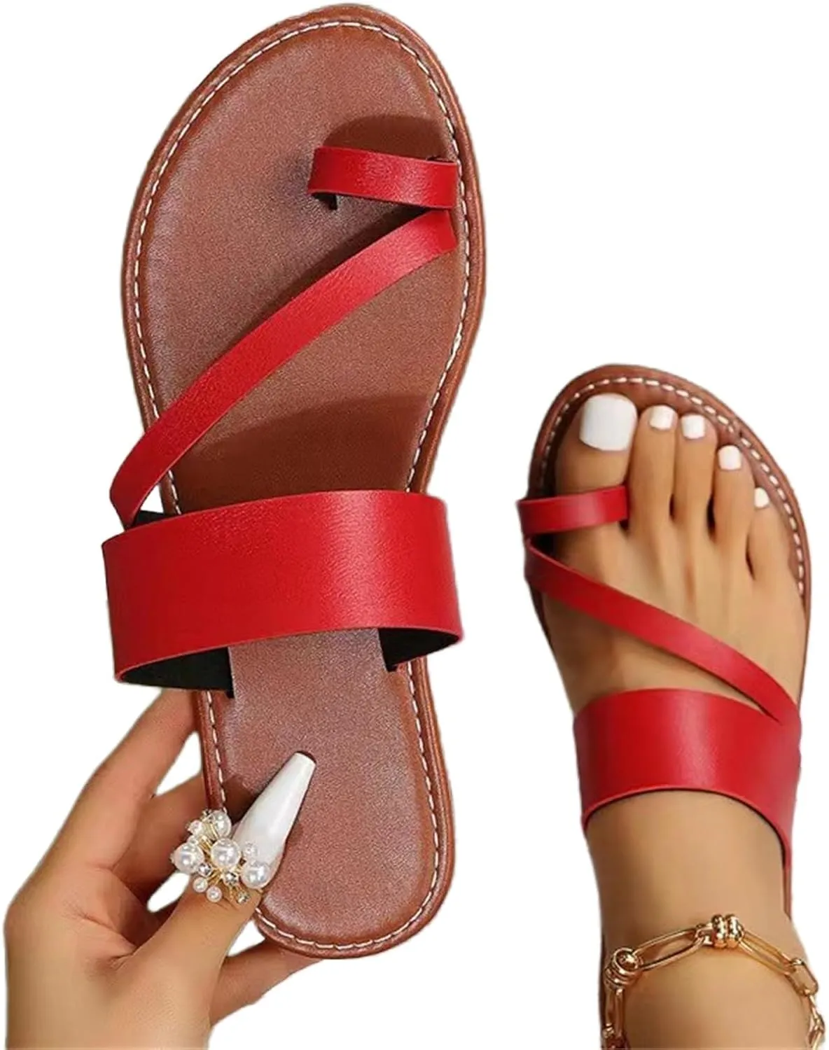 Womens Flat Slide Sandals Flip Flops Sandals for Women Round Clip Toe Flip Flops, Casual Strapy Slip on Summer Beach Shoes Comfortable Wide Width Flat Sandal