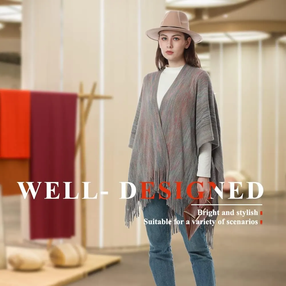 Women's Knit Shawl Wraps, Knitted Poncho Cape Open Front Cardigan Sweater with Tassel for Spring Fall Winter