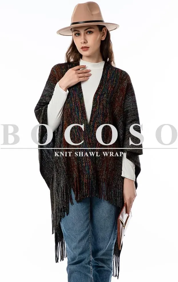Women's Knit Shawl Wraps, Knitted Poncho Cape Open Front Cardigan Sweater with Tassel for Spring Fall Winter