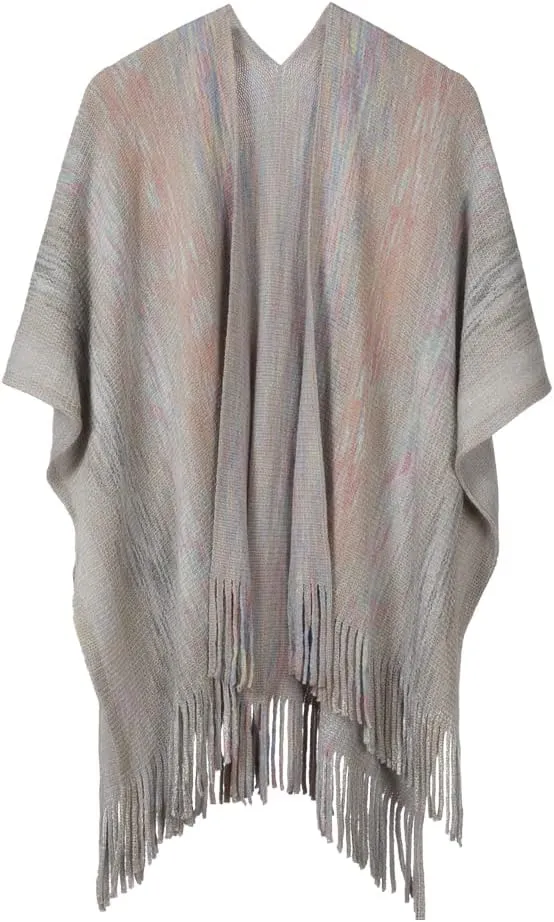 Women's Knit Shawl Wraps, Knitted Poncho Cape Open Front Cardigan Sweater with Tassel for Spring Fall Winter