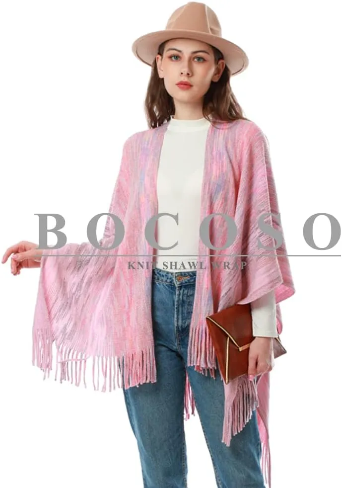 Women's Knit Shawl Wraps, Knitted Poncho Cape Open Front Cardigan Sweater with Tassel for Spring Fall Winter
