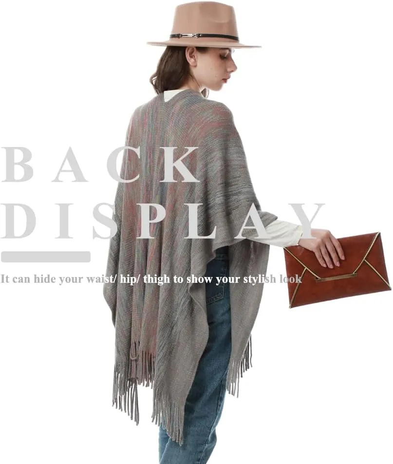 Women's Knit Shawl Wraps, Knitted Poncho Cape Open Front Cardigan Sweater with Tassel for Spring Fall Winter