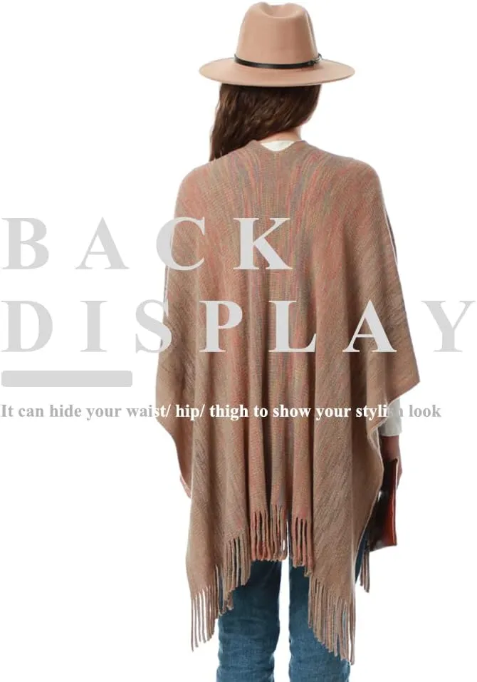 Women's Knit Shawl Wraps, Knitted Poncho Cape Open Front Cardigan Sweater with Tassel for Spring Fall Winter